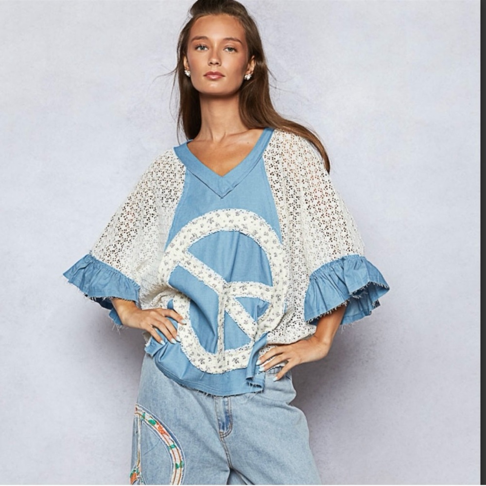NEW -POL Blue and White Ruffle Crochet Patchwork Bell Sleeve Top